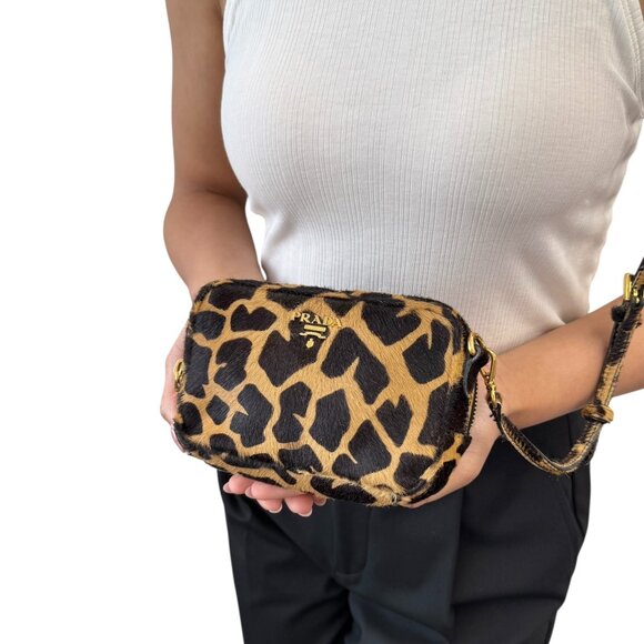 PRADA Vintage Logo Pony Hair Giraffe Crossbody Mini Bag Camel Brown [105915] - Picture 3 of 13